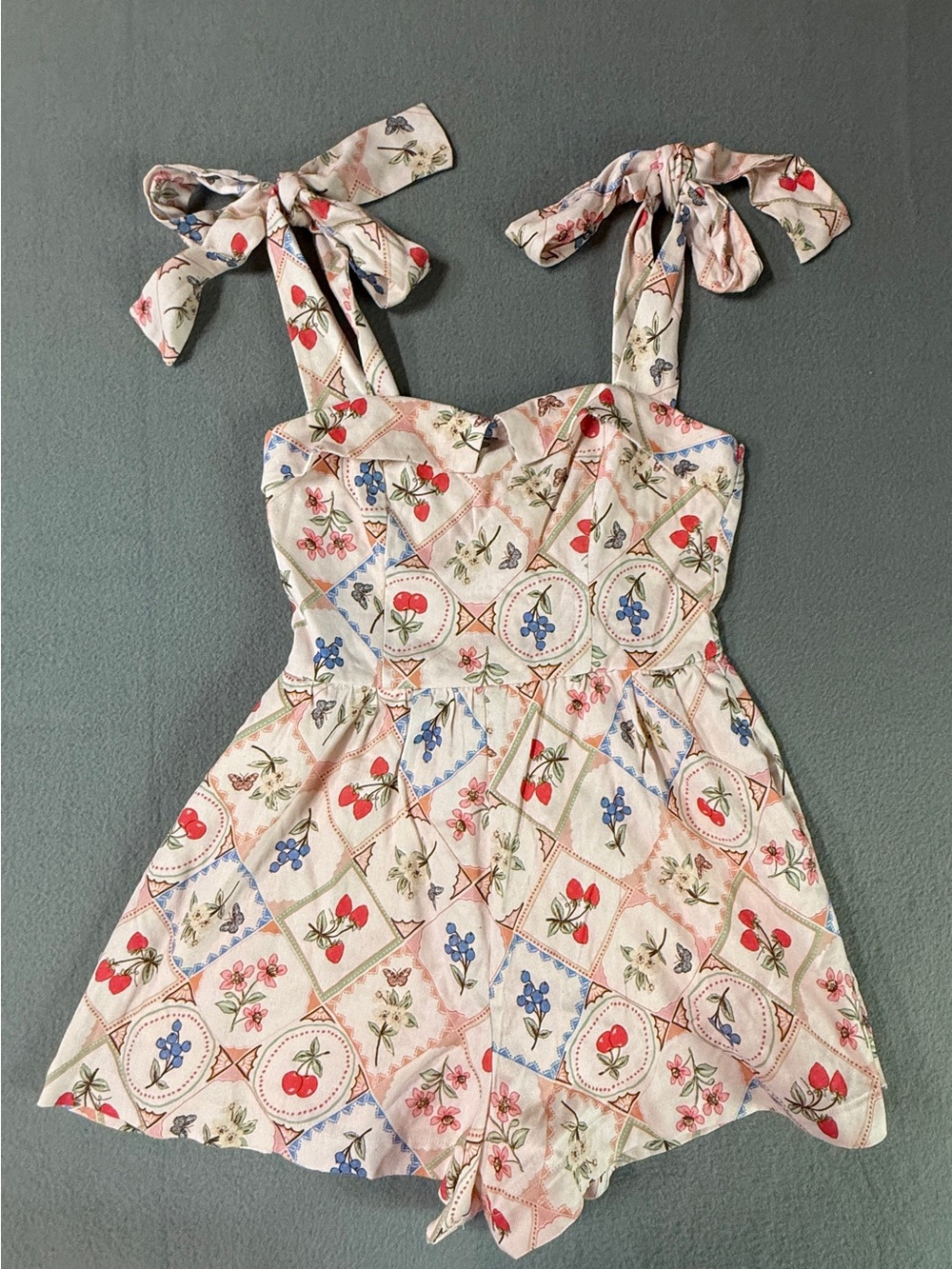Altar'd State Cream Floral & Cherry Tie-Shoulder Sundress